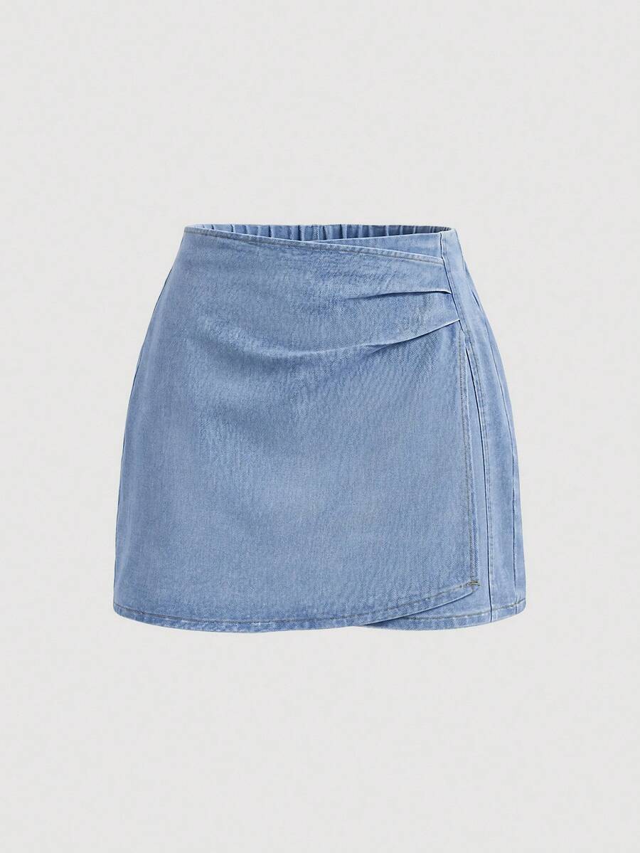SHEIN Leap Crew 青少年女孩休閒抓皺不對稱下擺牛仔裙,適合夏季世界盃、日、海灘、畢業季 - 藍色 - 查看 1