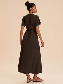 Travachic Women's Lace Patchwork Solid Color Short Sleeve V-Neck Dress,Summer,Beach Brunch,Elegant Romantic,Vacation,Lace Dark Brown, Elegant Party Dress - Brown - View 2