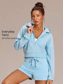 GLOWMODE Everyday Terry GlowZip Soft Breathable Sweat-Wicking Loose Fit Cropped Full-Zip Sweatshirt Daily Casual Wear - Blue Day - View 1