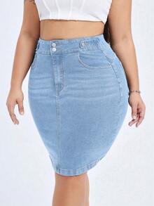 Flexra Plus Size Solid Stretchy Knit Color Denim Bodycon Skirt With Pockets, Summer Formal Light Blue Casual - Light Wash - View 7