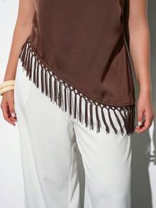 Maija Blusa de talla grande color marrón chocolate, otoño, elegante, sin mangas, cuello drapeado, dobladillo asimétrico con flecos, estilo old money, invitada a boda, casual de negocios - Marrón - Ver 5