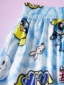THE POWERPUFF GIRLS X SHEIN 女款卡通印花單排扣短袖上衣與休閒短褲睡衣套裝 - 藍色 - 查看 6