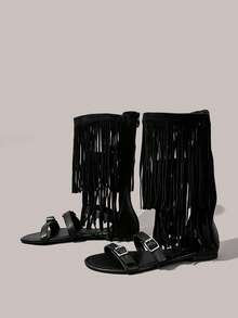 Styleloop Women's Flat Sandals, Bohemian, Beach Vacation, Western Wind, Summer Wear, Travel Essentials - Black - View 2