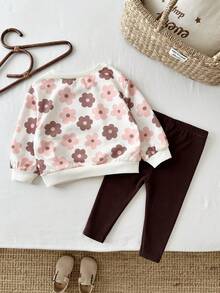 SHEIN Baby Girl Knitted Floral Pattern Crew Neck Casual Sweatshirt And Long Pants 2-Piece Set - Multicolor - View 2
