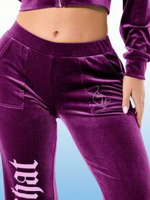 BABYPHAT Women Velour Wide Leg Joggers With Gothic Letter Print Side Pockets Casual Loose Fit Drawstring Sweatpants - Dusty Purple - View 6