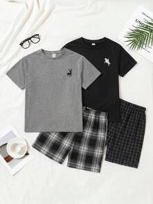 SHEIN 青少年男孩極簡休閒純色圓領短袖T恤與格紋短褲寬鬆睡衣套裝 2件組 - 彩色 - 查看 2