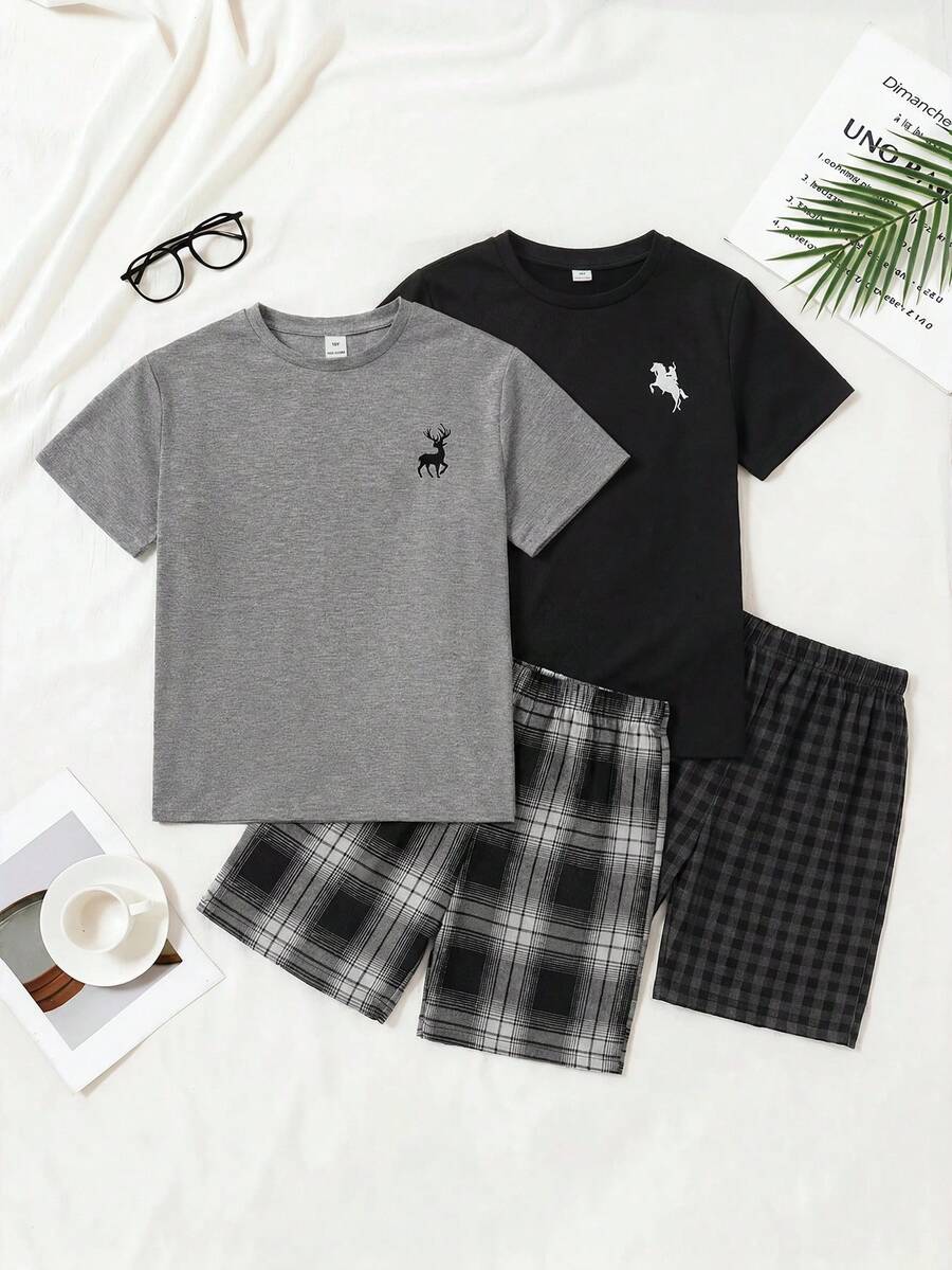 SHEIN Tween Boy Minimalist Casual Solid Color Crew Neck Short Sleeve T-Shirt And Plaid Pattern Shorts Loose Pajama Set 2pcs Sets Squishy Vacation Casual