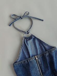 Elamini Women's Backless Halter Neck Denim Romper - Blue - View 5