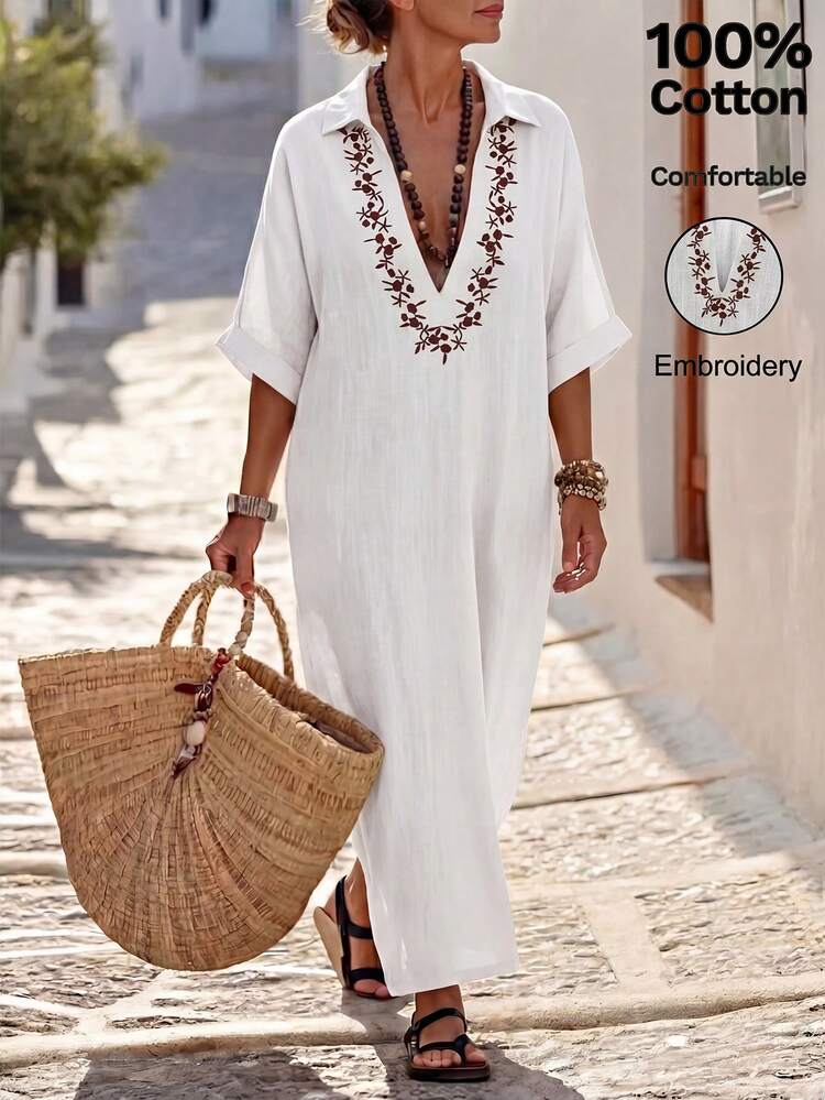 vacation leisure silk-cotton embroidery dress SHEIN Holidaya Summer All Cotton Soft Exquisite Embroidered Dress Island  Vacation Beach Holiday Bohemian Vacation Elegant Casual Embroidered  Placement Floral V-Neck Women's Long Dress