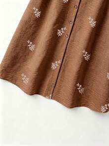 SHEIN Franclia Gaun Tanpa Lengan Kancing Depan Motif Tanaman Kasual untuk Liburan Wanita - Khaki - View 7