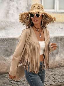 Brillora Women's Solid Color Tassel Trim Open Front Jacket Rave Camel Summer Boho Modest - Khaki - View 7