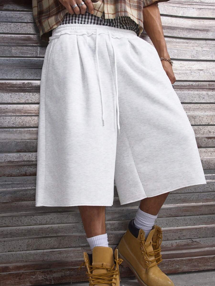 AXEPEAK Men's Casual Solid Color Drawstring Waist Loose Baggy Sweat Shorts,Summer Holiday Street Wear White Grey Oversized Below The Knee Shorts