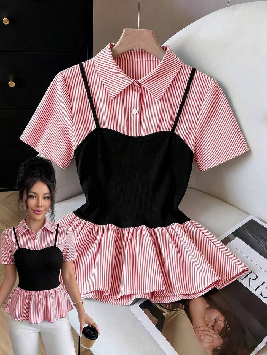 GlowEve Camisa de moda 2 en 1 para mujer con bloques de color, rayas, manga corta, volantes y botones delanteros, adecuada para vacaciones de primavera/verano, casual, ir al trabajo, uso diario versátil - Rojo - Ver 1