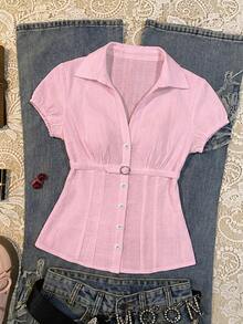 SHEIN Unity Women's YK2 Decorative Sun Buckle Textured Striped Casual Office Shirt - Pink - View 7