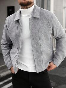Manfinity CasualCool 男士成熟休闲风灰色翻领纽扣长袖大衣，适合万圣节、圣诞节、日常出行和商务场合。 - 灰色 - 查看 3