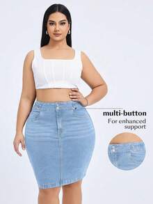 Flexra Plus Size Solid Stretchy Knit Color Denim Bodycon Skirt With Pockets, Summer Formal Light Blue Casual - Light Wash - View 4