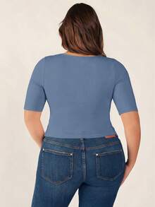SHEIN BASICS Plus Size Summer Casual Versatile Solid Color Short Sleeve T-Shirt Date Night Brunch Dusty Blue - Dusty Blue - View 3