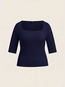 SHEIN BASICS Plus Size Summer Casual Modest Conservative Versatile Solid Color Short Sleeve T-Shirt Date Night Brunch Vacation Navy Blue Office Rodeo - Navy Blue - View 7