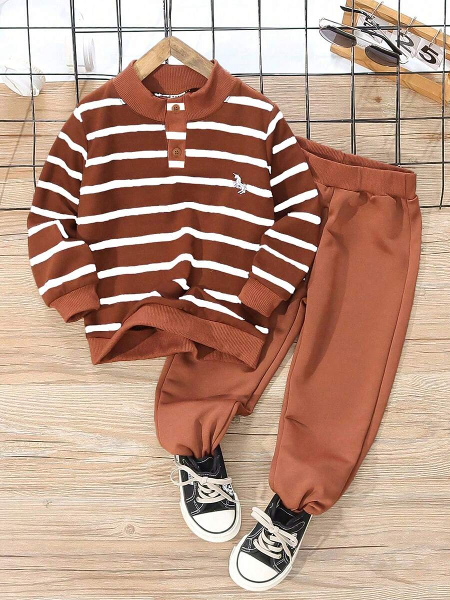 SHEIN Genkimix Kids 男童休閒運動學院街頭風可愛度假風秋冬藍白條紋長袖衛衣長褲套裝,適合日常穿著、上學、旅行、運動,適用春夏季節 - 彩色 - 查看 1
