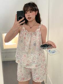 Dazy Plus 卡通印花圖案可愛休閒寬鬆吊帶上衣短版睡褲大尺碼女款春夏季睡衣套裝 - 白色 - 查看 6