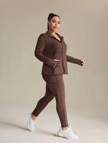 Breezaya Women's Plus Size Stand Collar Zip-Up Long Sleeve Top And Leggings Casual Everyday Outdoor Sports Suit - Coffee Brown - View 5