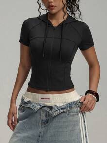 Easithlete Easithlete Casual Versatile Black Hooded Drawstring Zipper Slim Fit Flattering Sports Jacket - Black - View 6