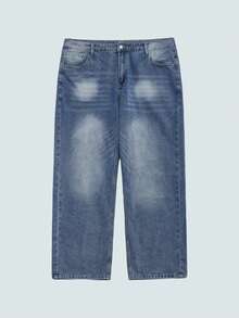 Hearty Haven 1pc Men's Plus Size Washed Loose Baggy Jeans, Casual Comfortable Versatile Wide Leg Denim Pants, All Season - Blue - View 4