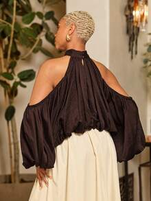 Vixey Crepe Cold Shoulder Elasticized Cuff And Hem Draped Top, Resort Wear, Vacation , Tropical, Beach To Dinner, Resort Chic, Vacation Ready - Brown - View 5