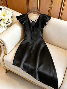 Elenzga Women's Summer Fashion Sexy Waist-Cinched Split Pleated Dress, Suitable For Daily Wear, Dating, Party, Holiday Dress - Black - View 2
