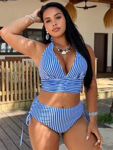 Swim Vcay Ensemble de maillot de bain de plage pour femmes 2026, nouveau, printemps/été, col licou, imprimé rayé, grande taille - Multicolore - Voir 3