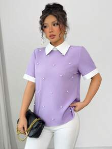 Elenzga 女款春夏季對比色拼接襯衫領珠飾短袖上衣 - 紫色 - 查看 6