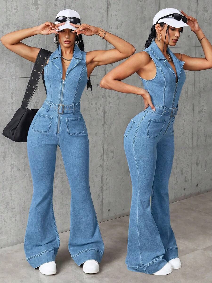 SHEIN EZwear 女款夏季休閒無袖牛仔連身褲 - 藍色 - 查看 1