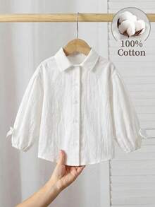 SHEIN LMoss Kids LMoss 女童宽松条纹翻领休闲衬衫 - 白色 - 查看 2