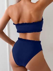 Swim Mod Women's Summer Beach Solid Color Ruffle Trim Bandeau Bikini Set With Front Knot, Two Pieces Swimwear Black Bathing Suits - Navy Blue - View 2