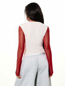 SUMWON WOMEN Studios Established 2023 Graphic Print Color Block Mesh Long Sleeve Crop Top - Red - View 2