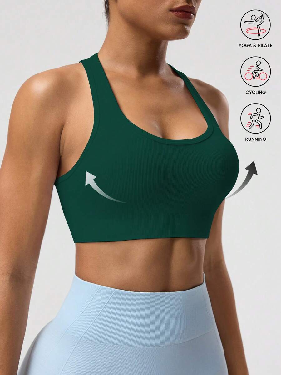 Seamluxe SHEIN Sport Women's Solid Color Sleeveless Short Cropped Yoga Racerback Tank Top Workout Tops Built-In Bra - Army Green - View 1