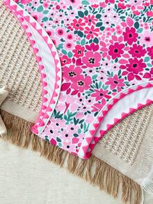 SHEIN Tween Girls Tankini Set, Knitted Small Floral Print Halter Neck Ruffle Cute Doll Hem Swimsuit - Hot Pink - View 6
