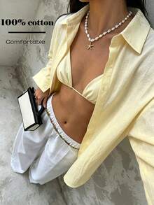 Glamine 女款純棉休閒日常度假淺黃色寬鬆長袖襯衫 - 黃色 - 查看 1