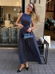 Siren Gaze Navy Blue Striped Sleeveless High-Waisted Midi Dress, Elegant Vintage Style With A Flowing Drape, Perfect For Work - Navy Blue - View 3