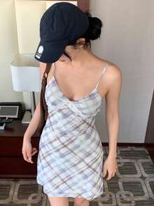 DAZY 女款格紋蕾絲拼接休閒派對細肩帶陽光洋裝 - 紫色 - 查看 3