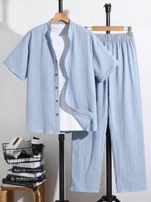 SHEIN Bộ 2 áo dệt kim cổ polo tay ngắn in họa tiết tương phản dáng rộng cho nam thiếu niên, phong cách thường ngày - Màu xanh nhạt - Xem 6