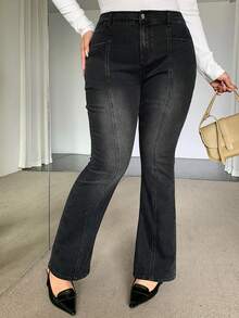 Livesso Petite Jeans de pierna acampanada versátiles y casuales con trabillas para cinturón para mujeres, para mujeres de talla pequeña - Negro - Ver 6