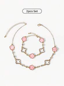 Opalesca 一套浪漫、精致、奢华、优雅、甜美、幸运谷四叶草和五叶草吊坠项链和手链首饰套装（女士款） - 粉色 - 查看 1