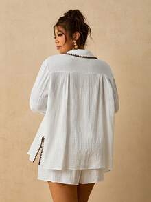 Levarali Plus Size Women's Vacation Casual Pure Cotton Shirt And Shorts 2 Pieces Set Beach White Autumn - Beige - View 2