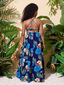 Tween Girls' Casual Vacation Floral Halter Backless Dress - Green - View 3