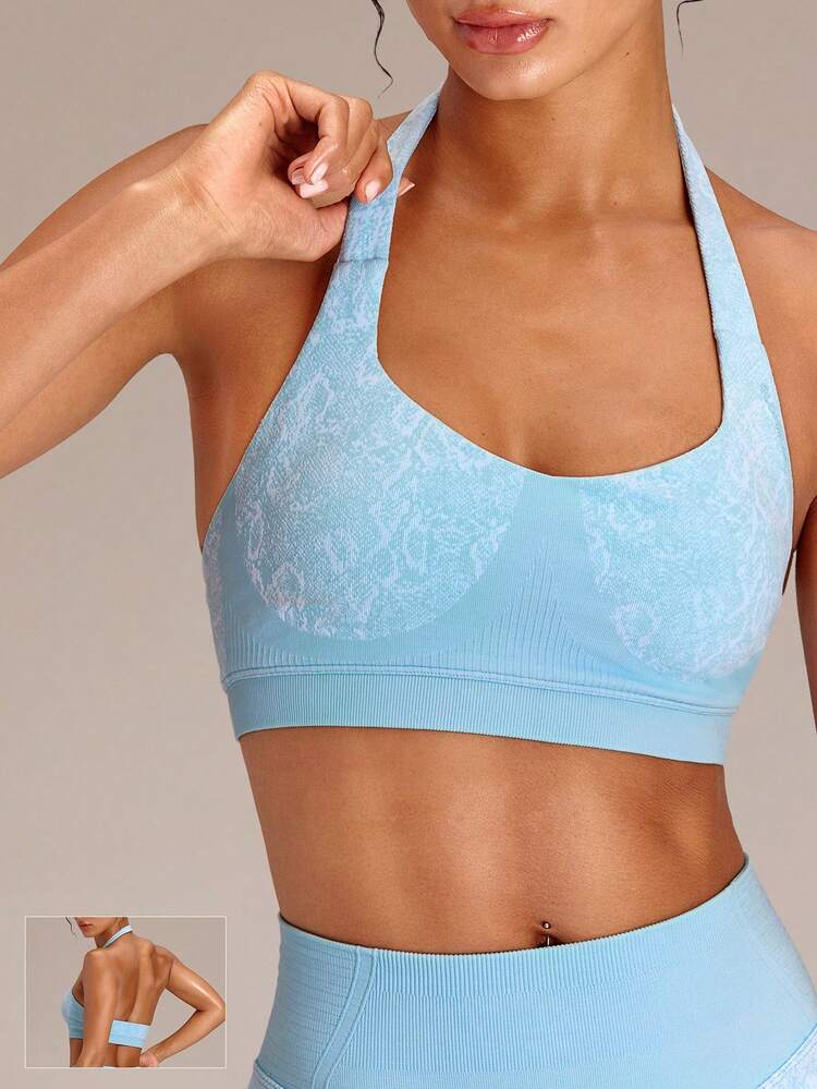 Ultrafine Soft Seamless Halo Ribbed Support Open Back Thick Straps Halter Sports Bra With Removable Cups Workout Gym