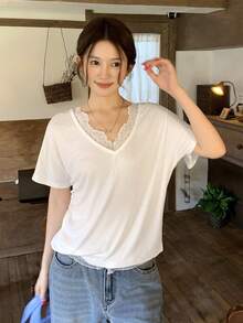 DAZY Women's Lace Patchwork Casual Versatile Daily Outing Short Sleeve T-Shirt Summer - White - View 5