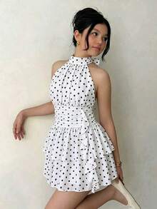 Tween Girl Polka Dot Pattern Fashion Classic Dress - Black and White - View 5