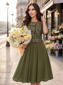 SHEIN Lady Women's Elegant Green Lace Short Sleeve Dress - Green - View 1