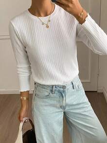 DAZY Ribbed Knit Lettuce Trim Tee,Fall Clothes Long Sleeve Women Tops - White - View 9